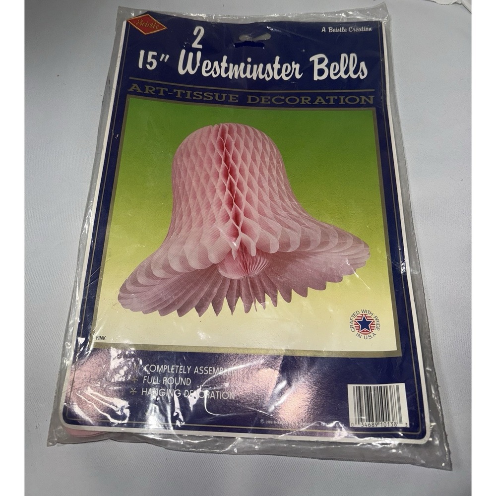 Vintage Westminster Bells Art Tissue Hanging Decoration Pink 15" 2 Pack